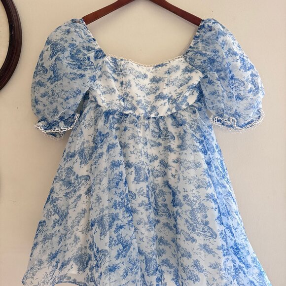 SHEIN MOD Landscape Print Puff Sleeve Organza Dress Selkie Style - Picture 4 of 5